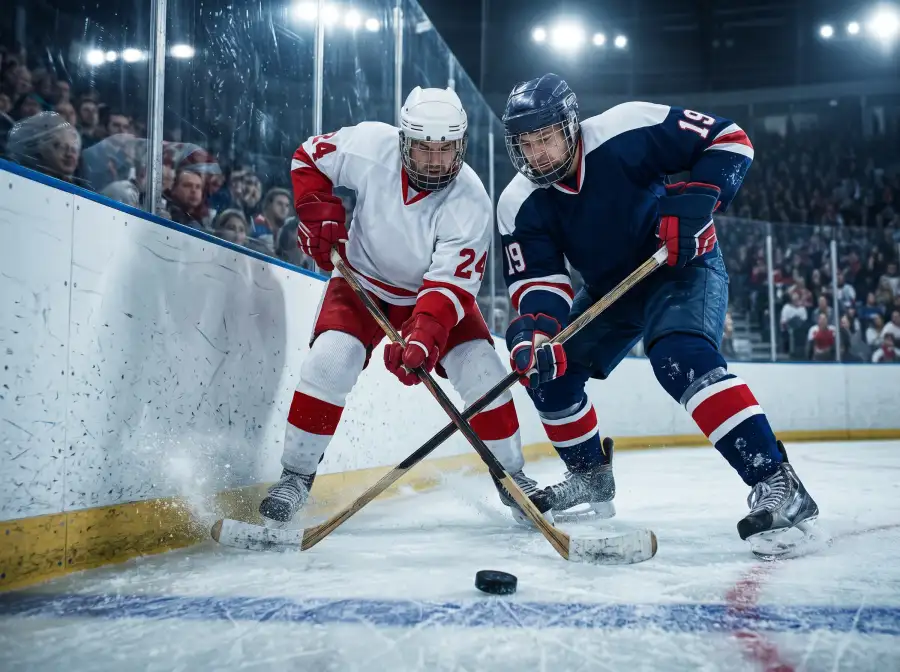 Partido NHL en vivo con dos jugadores de hockey disputando el disco sobre el hielo del rink