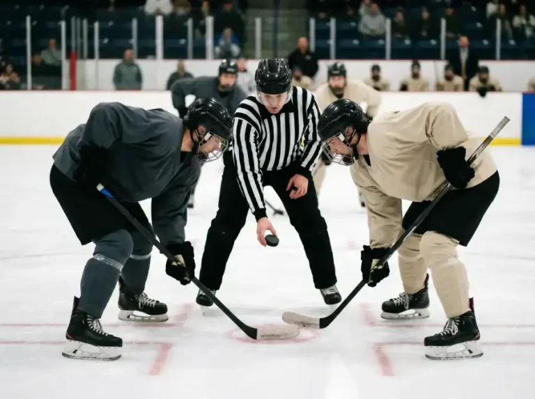 Jugadores de hockey sobre hielo en face-off inicial en el círculo central de la pista