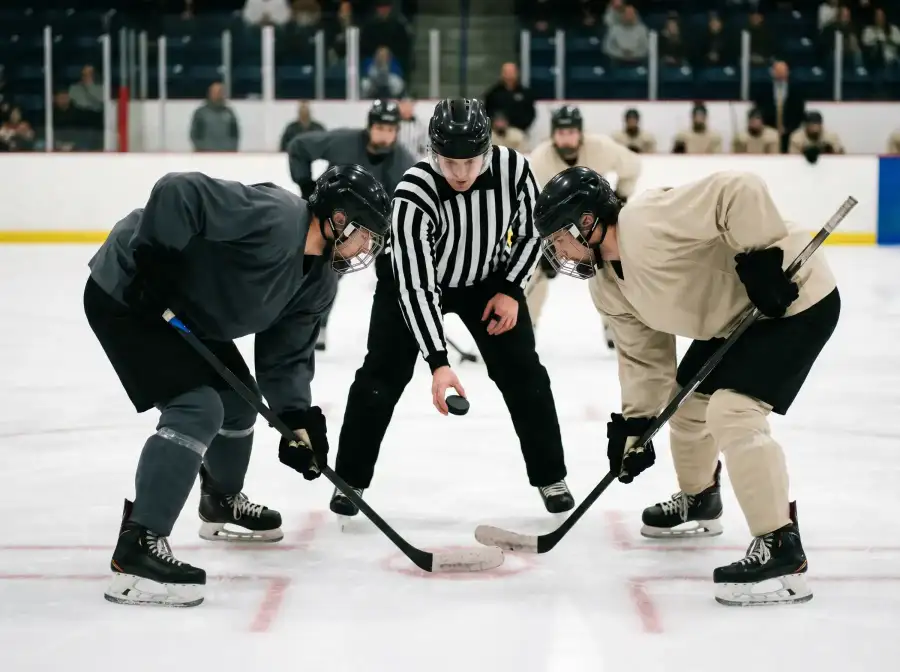 Jugadores de hockey sobre hielo en face-off inicial en el círculo central de la pista