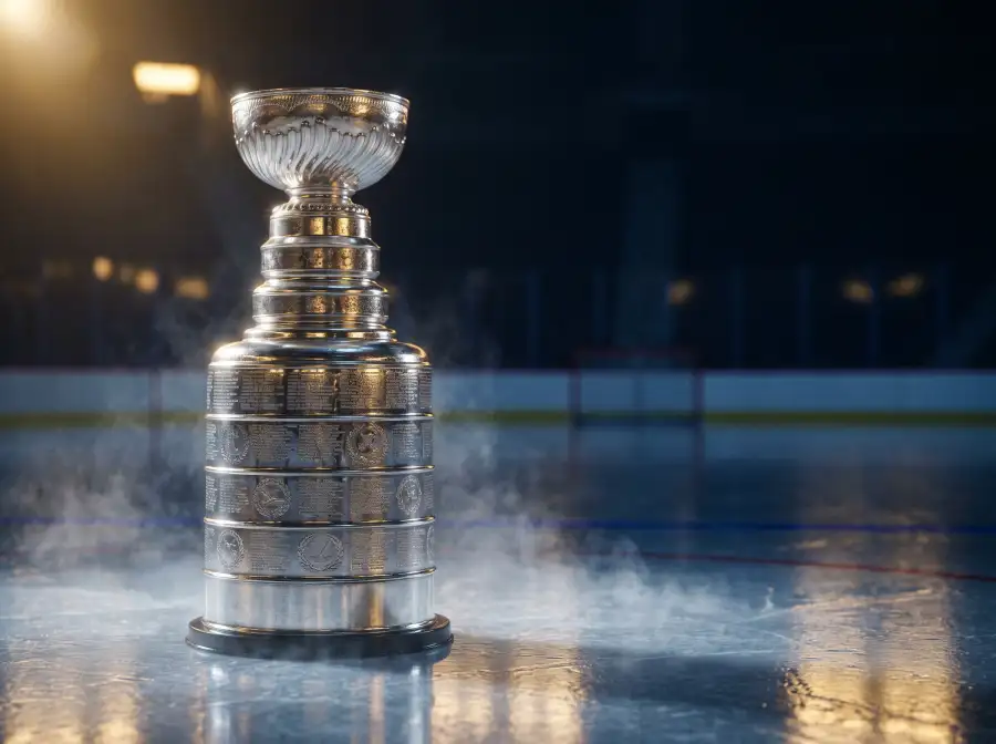 Trofeo plateado de la Stanley Cup iluminado sobre el hielo del rink NHL tras la final