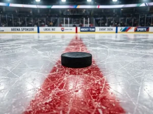 Disco de hockey sobre la línea roja central de una pista de hockey sobre hielo profesional