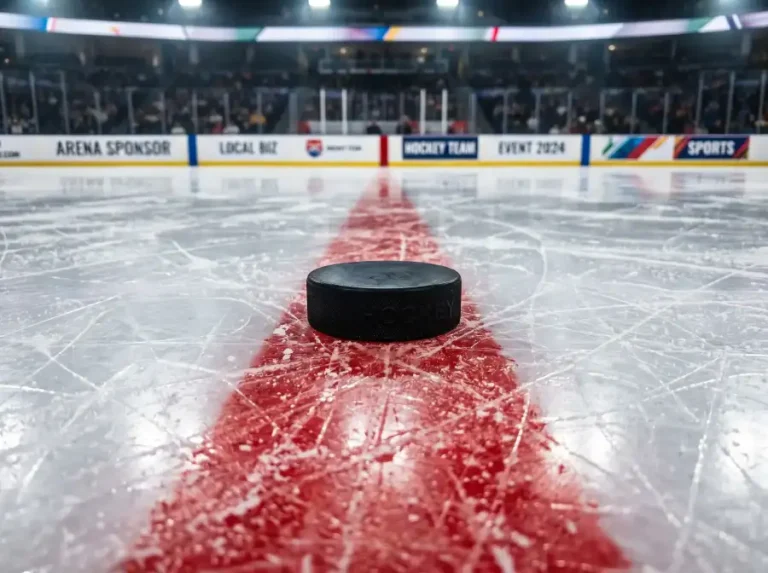 Disco de hockey sobre la línea roja central de una pista de hockey sobre hielo profesional