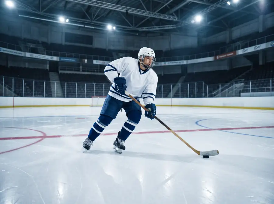 Jugador de hockey NHL en el rink iluminado, disco sobre hielo y líneas de la pista visibles
