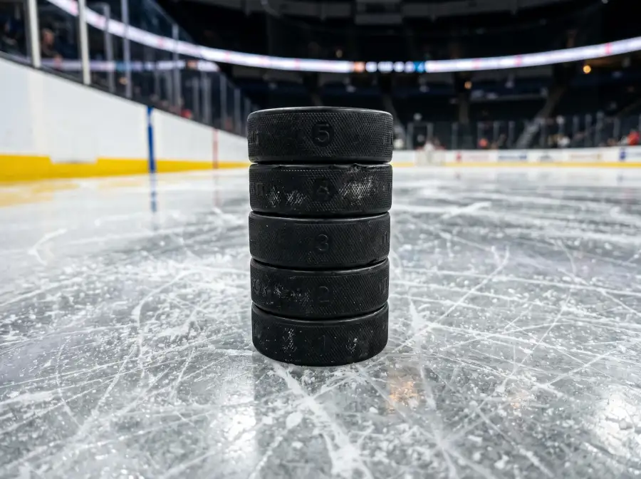 Pila de discos de hockey negros apilados sobre una superficie de hielo iluminada