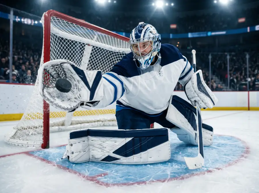 Portero de hockey NHL con casco y guante atrapador deteniendo un disparo frente al arco
