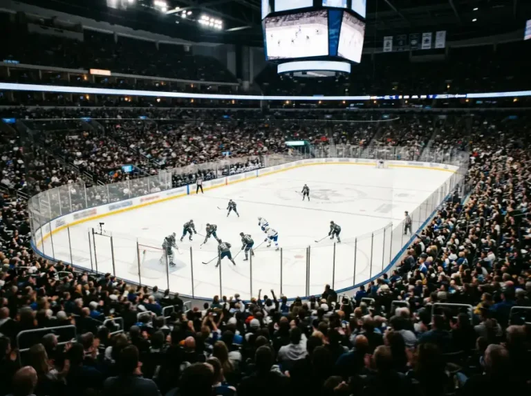 Pabellón de hockey sobre hielo lleno durante un partido profesional visto desde las gradas