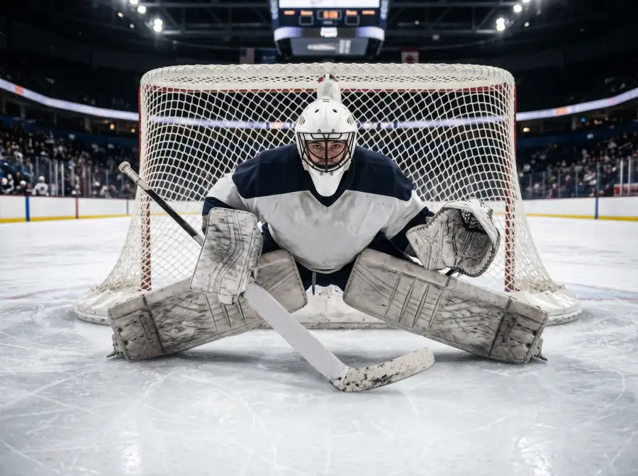 Portero de hockey sobre hielo agachado en posición de butterfly cubriendo la portería
