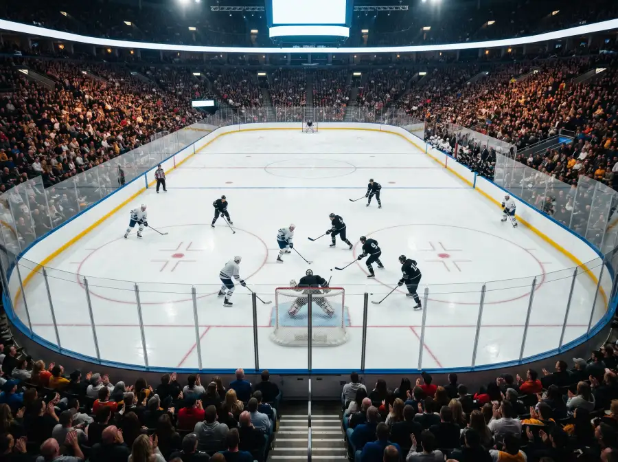 Pabellón NHL iluminado con jugadores en la pista durante un partido de temporada regular