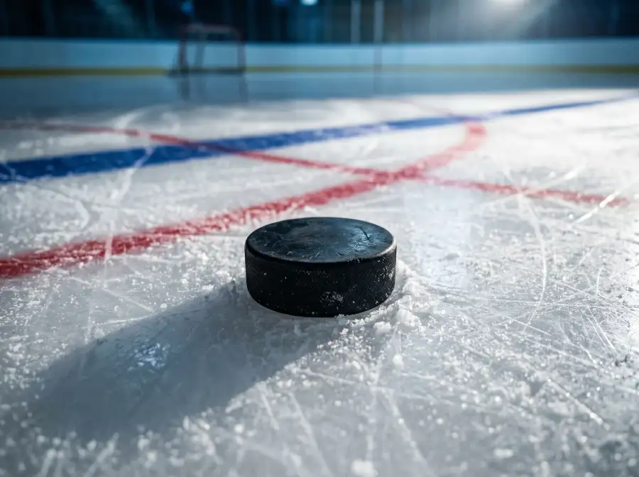 Disco de hockey sobre el hielo del rink NHL con líneas rojas y azules marcadas