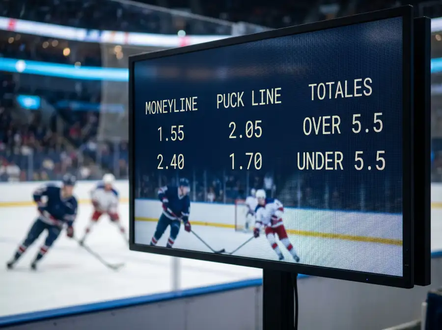 Tablero electrónico con cuotas de moneyline y puck line para un partido NHL