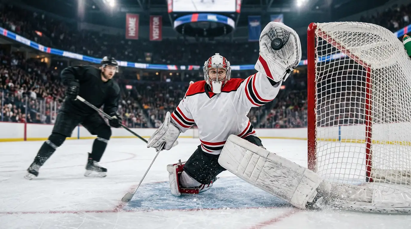 Portero de hockey NHL realizando una parada de alta peligrosidad en el slot