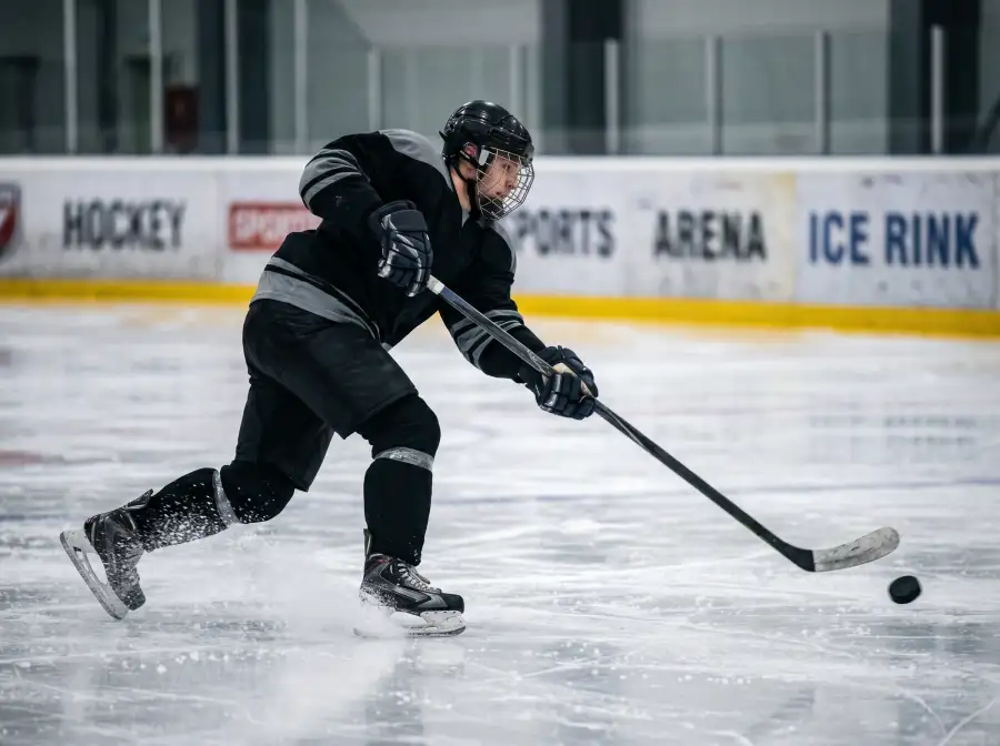Jugador de hockey sobre hielo con stick y uniforme profesional disparando a puerta