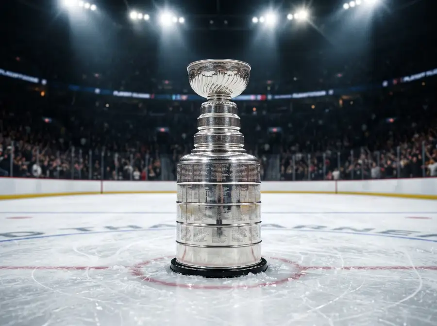 Trofeo de la Stanley Cup sobre hielo en ceremonia de playoffs NHL