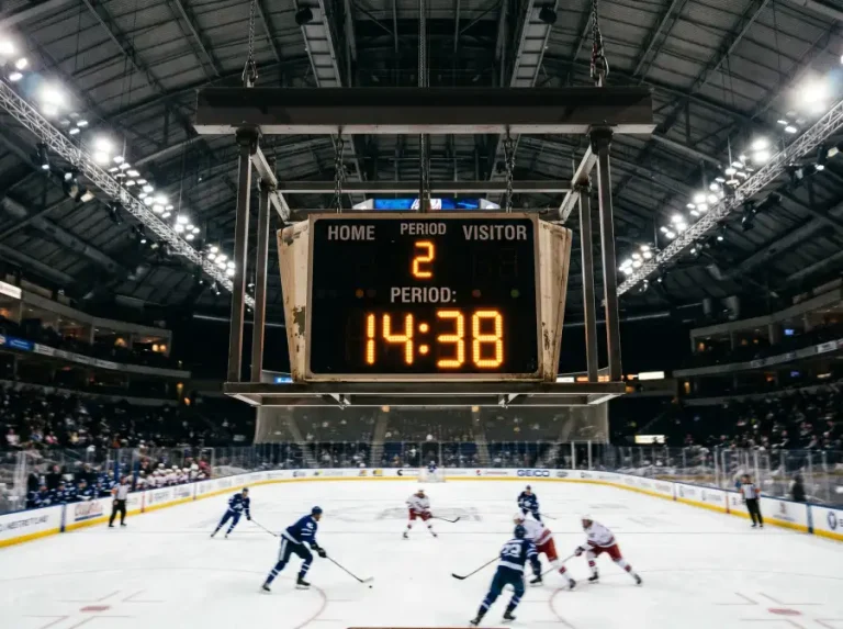 Reloj de partido de hockey sobre hielo visible sobre la pista con jugadores al fondo