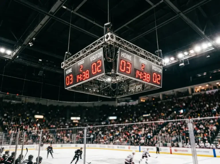 Marcador electrónico de un pabellón de hockey sobre hielo mostrando el tanteo del partido